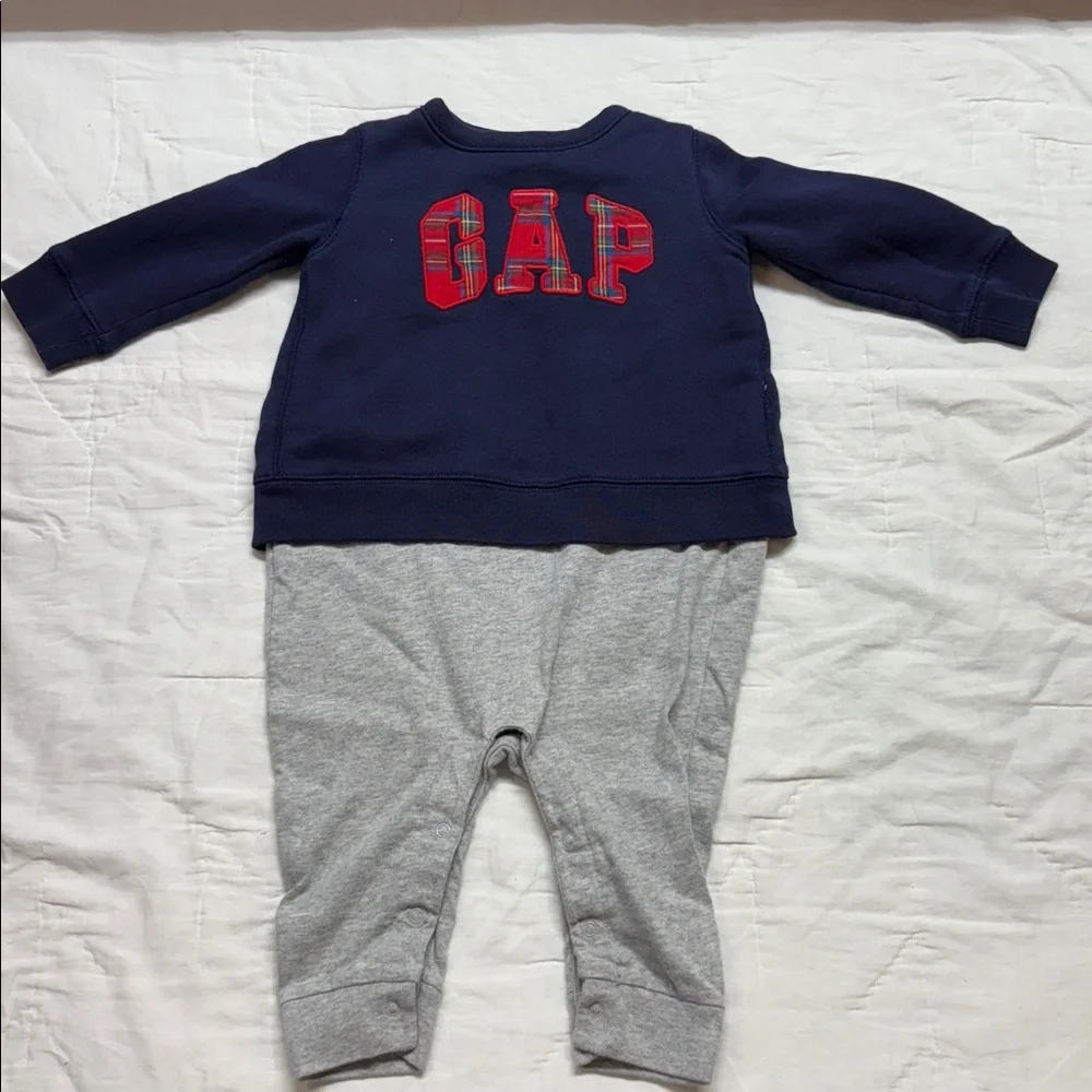 Baby Gap Navy Blue &‎ Gray Plaid Logo Toddler Jumpsuit One-Piece